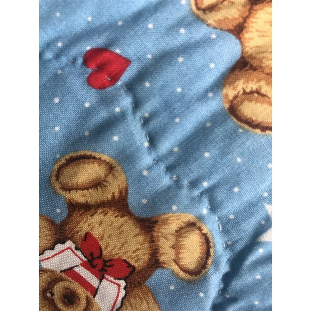 Baby Quilt Top Teddy Bears UNFINISHED Cotton Fabric 38x44 Blue & Red Quilted